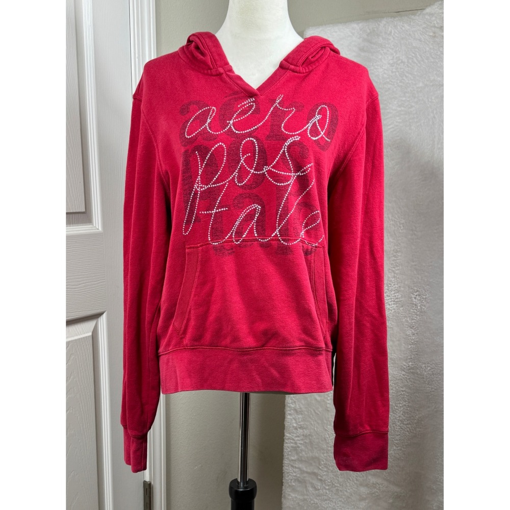Aeropostale Womens XL Red Hoodie Rhinestone Logo V Neck‎ Pullover Sweatshirt Y2K